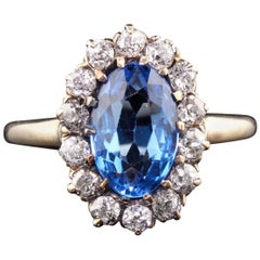 Antique Victorian 14 Karat Yellow Gold Blue Spinel and Diamond Cluster Ring