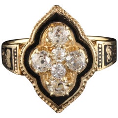 Antique Victorian 14 Karat Yellow Gold Diamond and Black Enamel Shield Ring