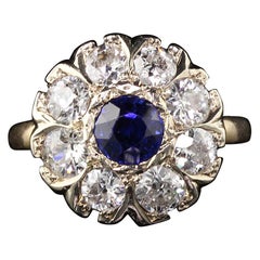 Antique Victorian 14 Karat Yellow Gold Diamond and Sapphire Cluster Ring