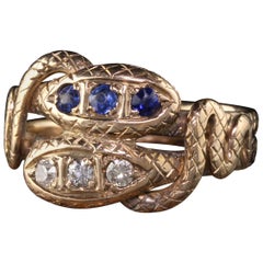 Antique Victorian 14 Karat Yellow Gold Diamond and Sapphire Double Snake Ring