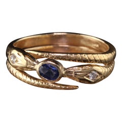 Antique Victorian 14 Karat Yellow Gold Diamond and Sapphire Double Snake Ring