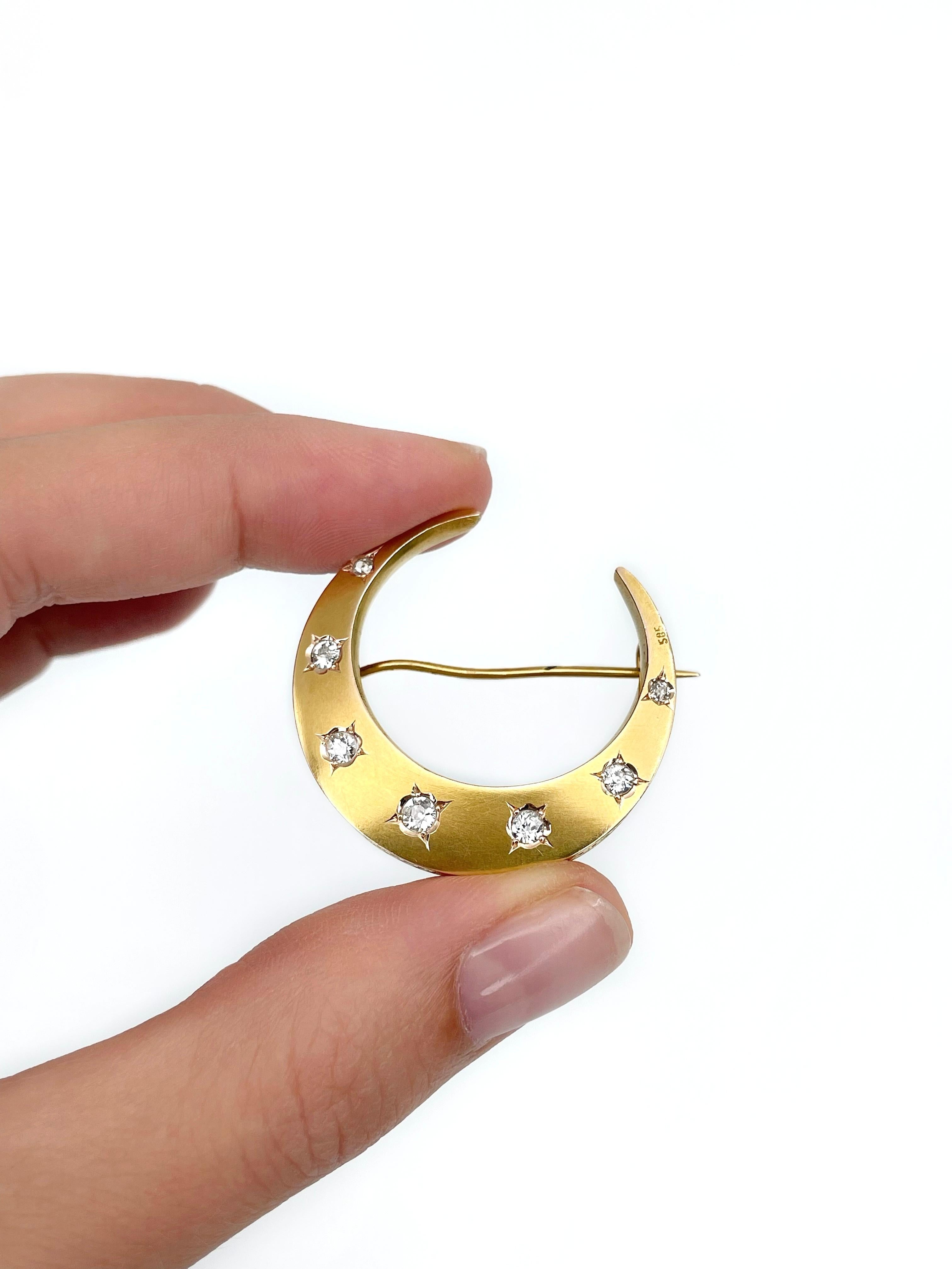 Antique Victorian 14 Karat Yellow Gold Diamond Crescent Moon Pin Brooch In Good Condition In Vilnius, LT