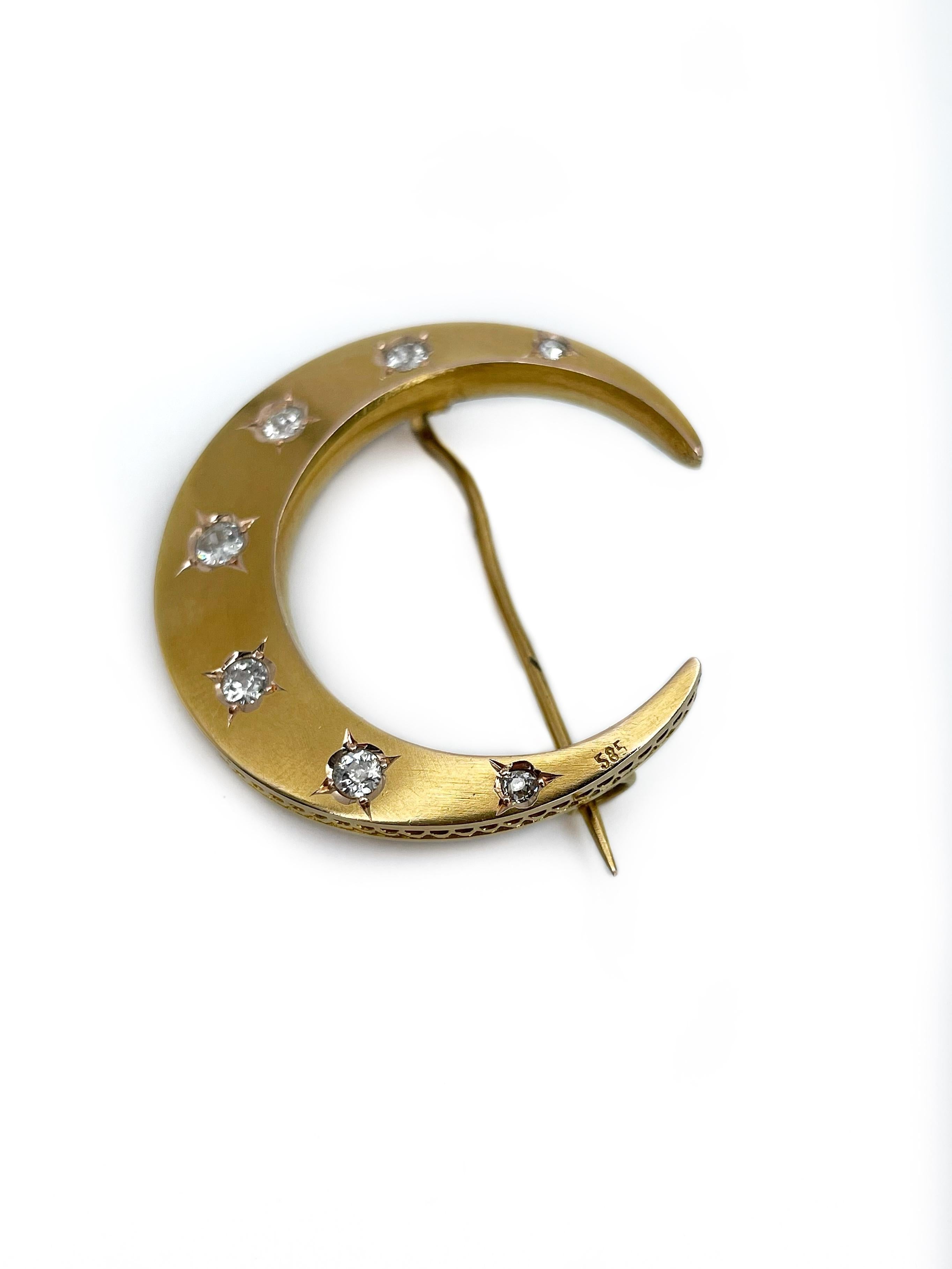Women's or Men's Antique Victorian 14 Karat Yellow Gold Diamond Crescent Moon Pin Brooch