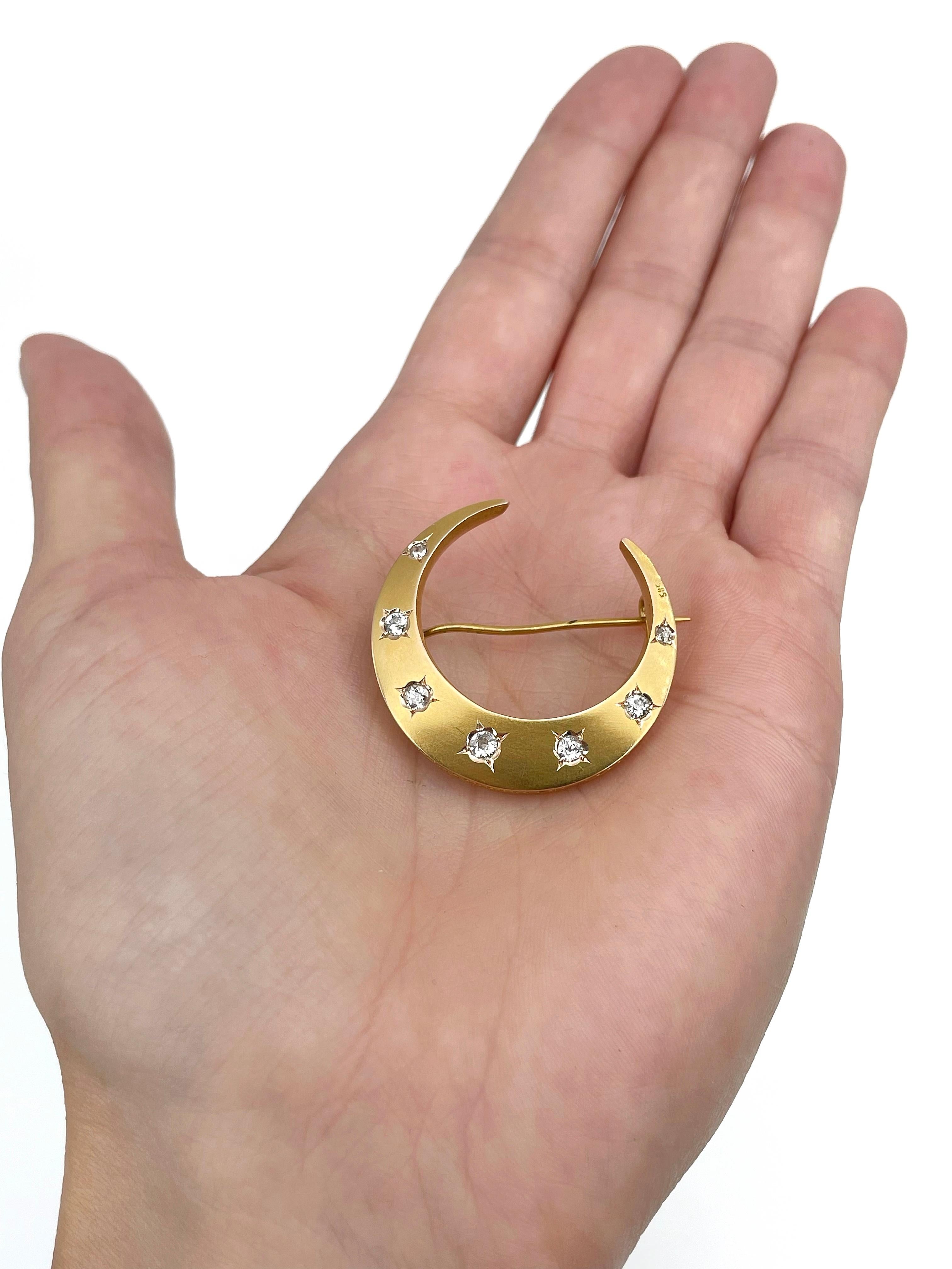 Antique Victorian 14 Karat Yellow Gold Diamond Crescent Moon Pin Brooch 1