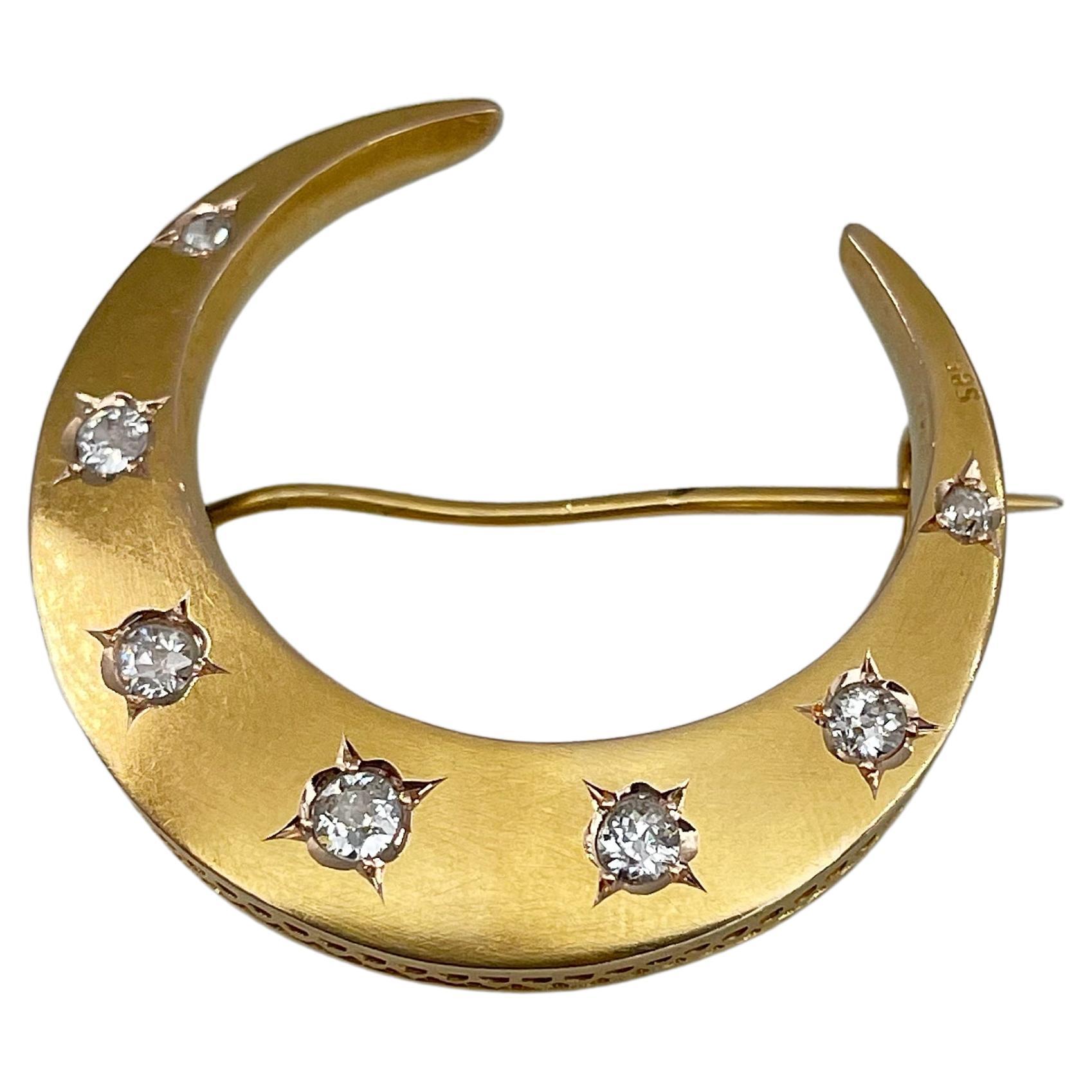 Antique Victorian 14 Karat Yellow Gold Diamond Crescent Moon Pin Brooch