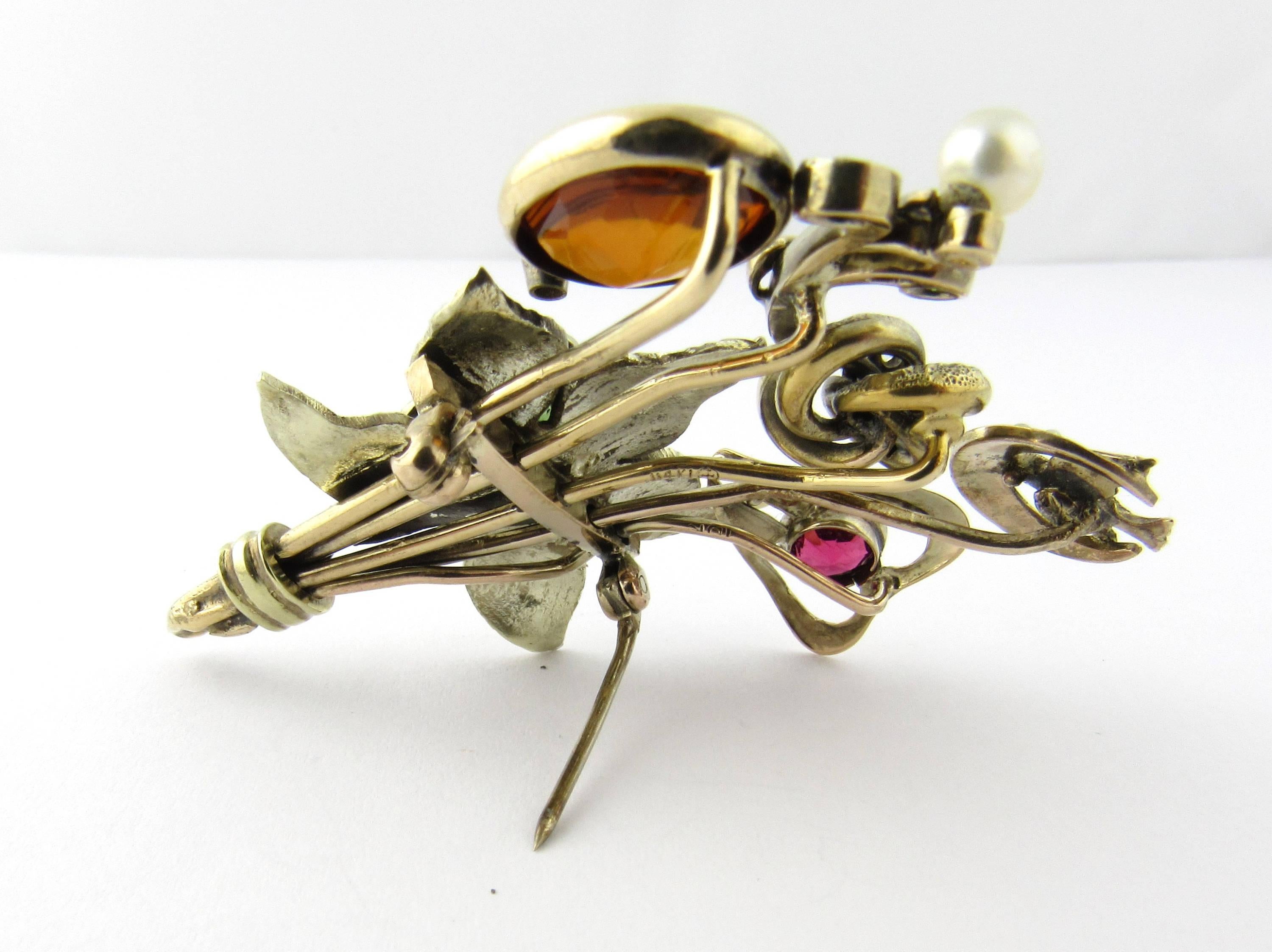 Round Cut Antique Victorian 14 Karat Yellow Gold Diamond, Gemstone and Pearl Hatpin Brooch