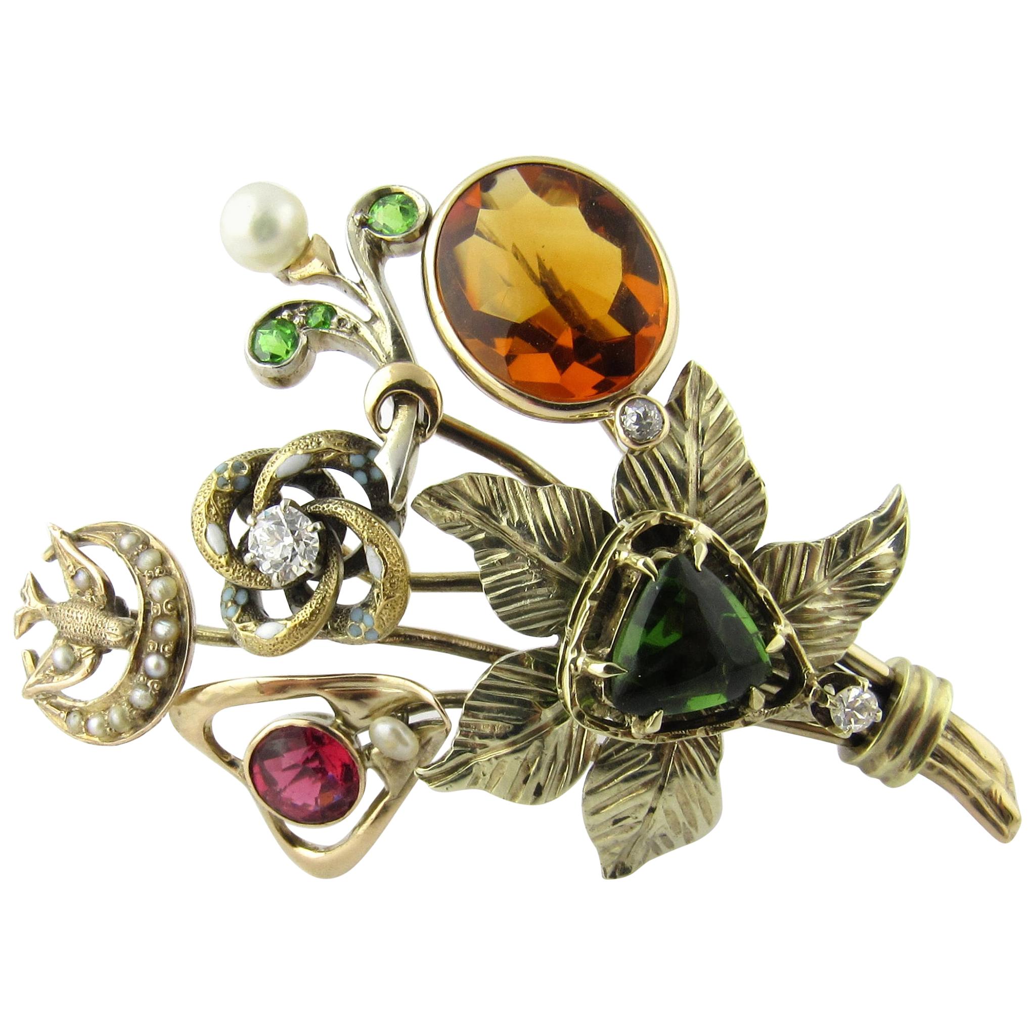 Antique Victorian 14 Karat Yellow Gold Diamond, Gemstone and Pearl Hatpin Brooch