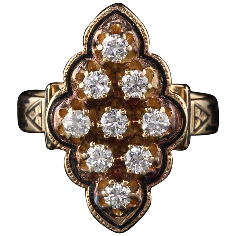 Antique Victorian 14 Karat Yellow Gold Diamond Navette Ring at 1stDibs