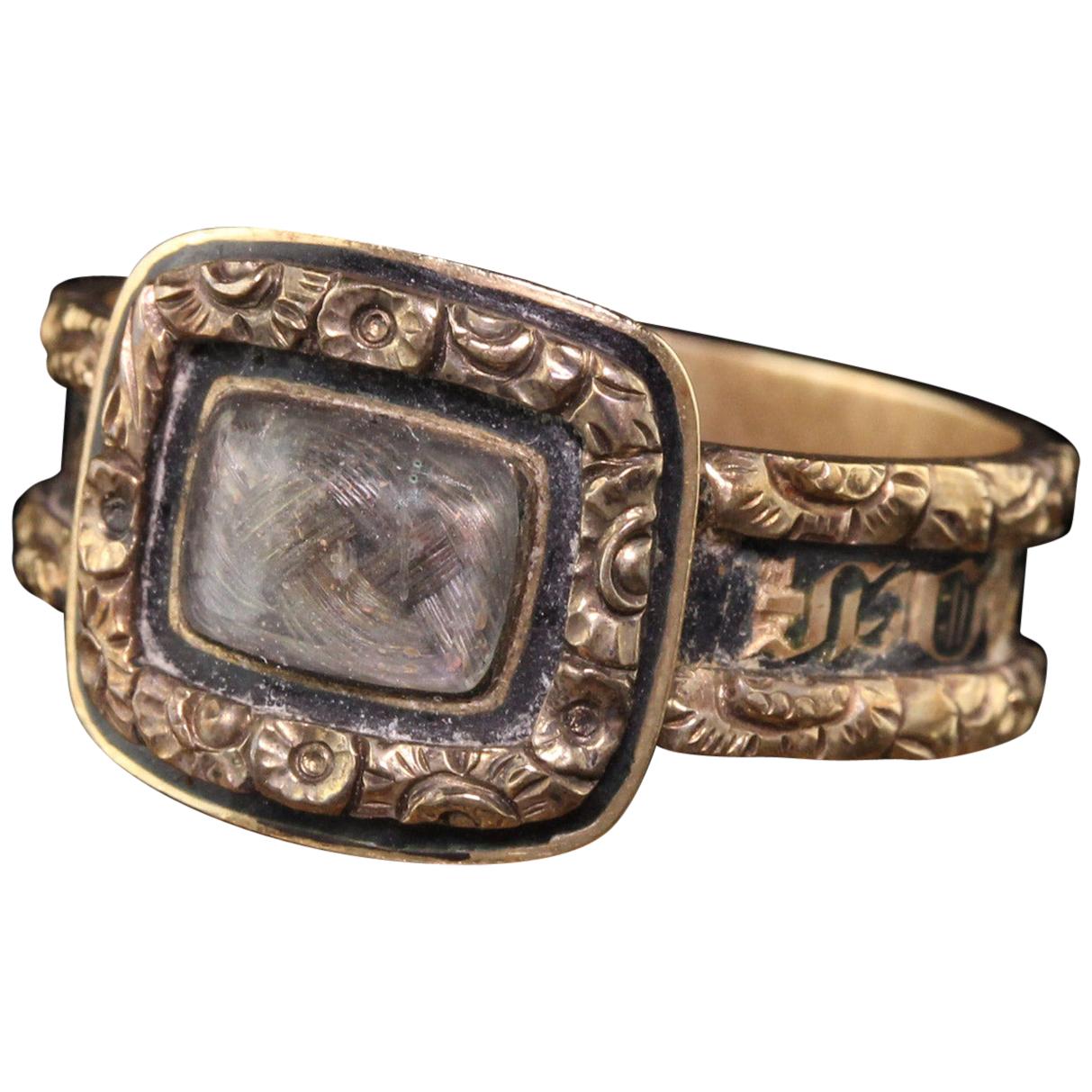 Antique Victorian 14 Karat Yellow Gold Engraved Black Enamel Mourning Ring For Sale