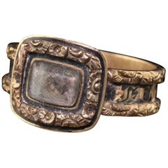 Antique Victorian 14 Karat Yellow Gold Engraved Black Enamel Mourning Ring