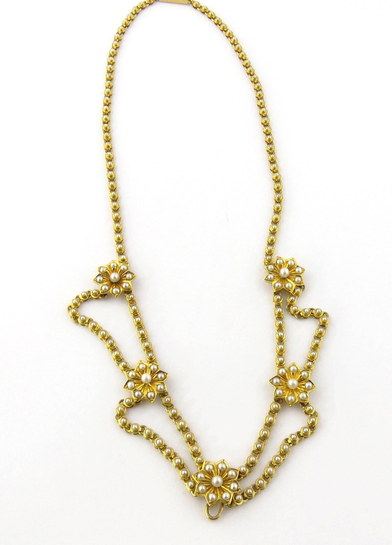 Round Cut Antique Victorian 14 Karat Yellow Gold Festoon Style Seed Pearl Flower Necklace