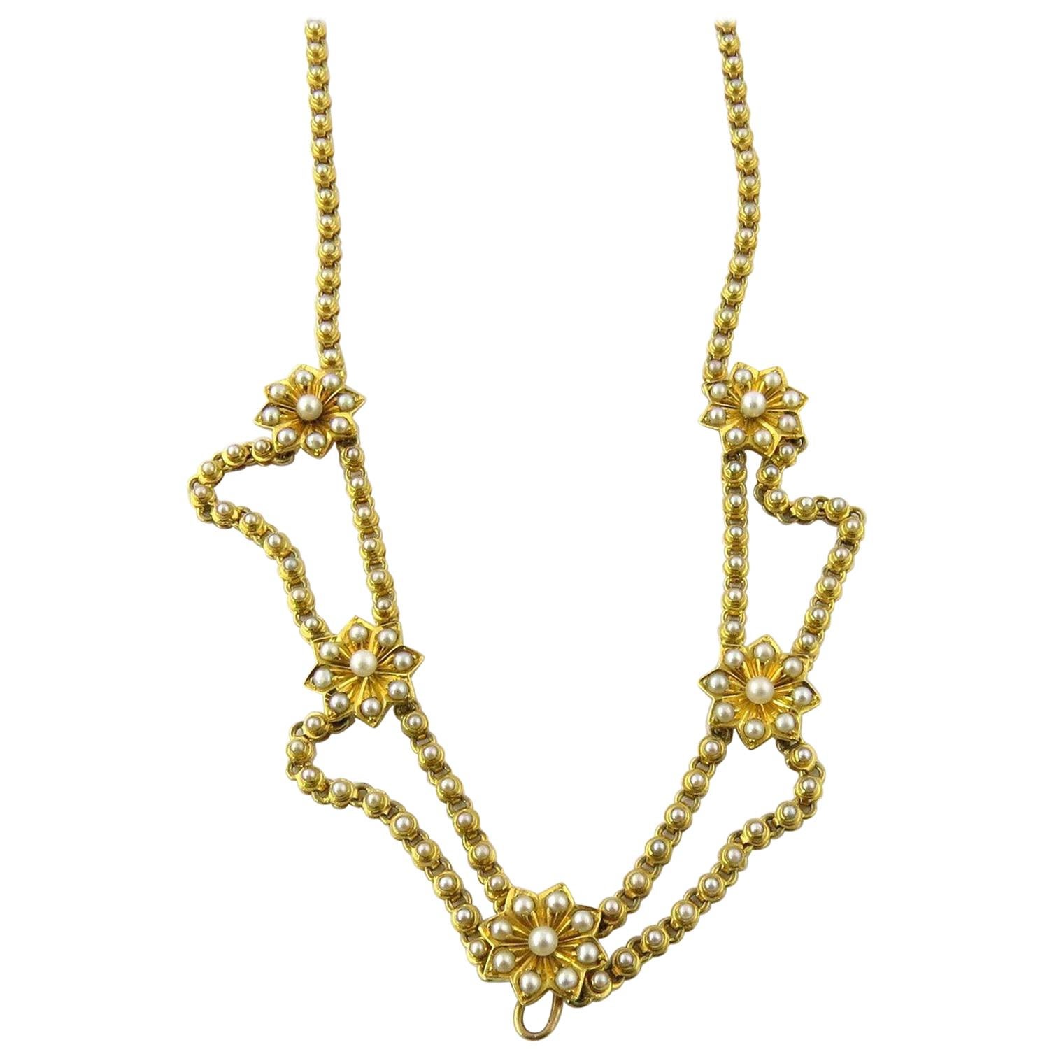 Antique Victorian 14 Karat Yellow Gold Festoon Style Seed Pearl Flower Necklace