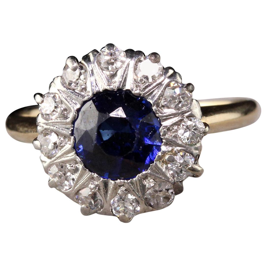 Antique Victorian 14 Karat Yellow Gold Old Mine Cut Diamond Sapphire Ring