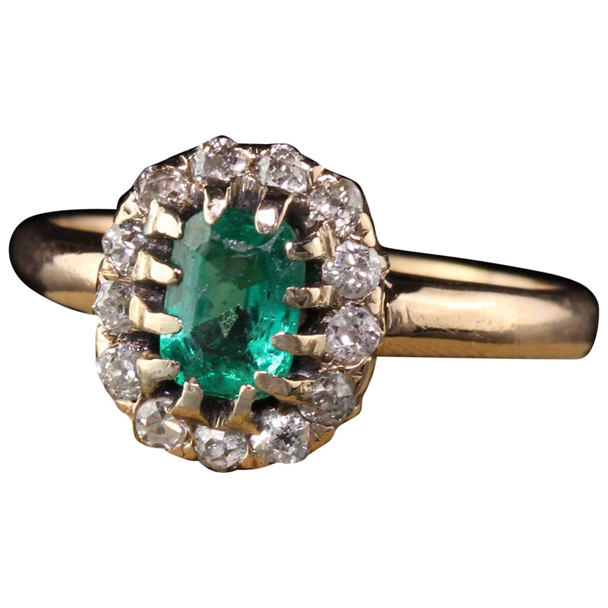 Antique Victorian 14 Karat Yellow Gold Old Mine Diamond and Emerald Ring