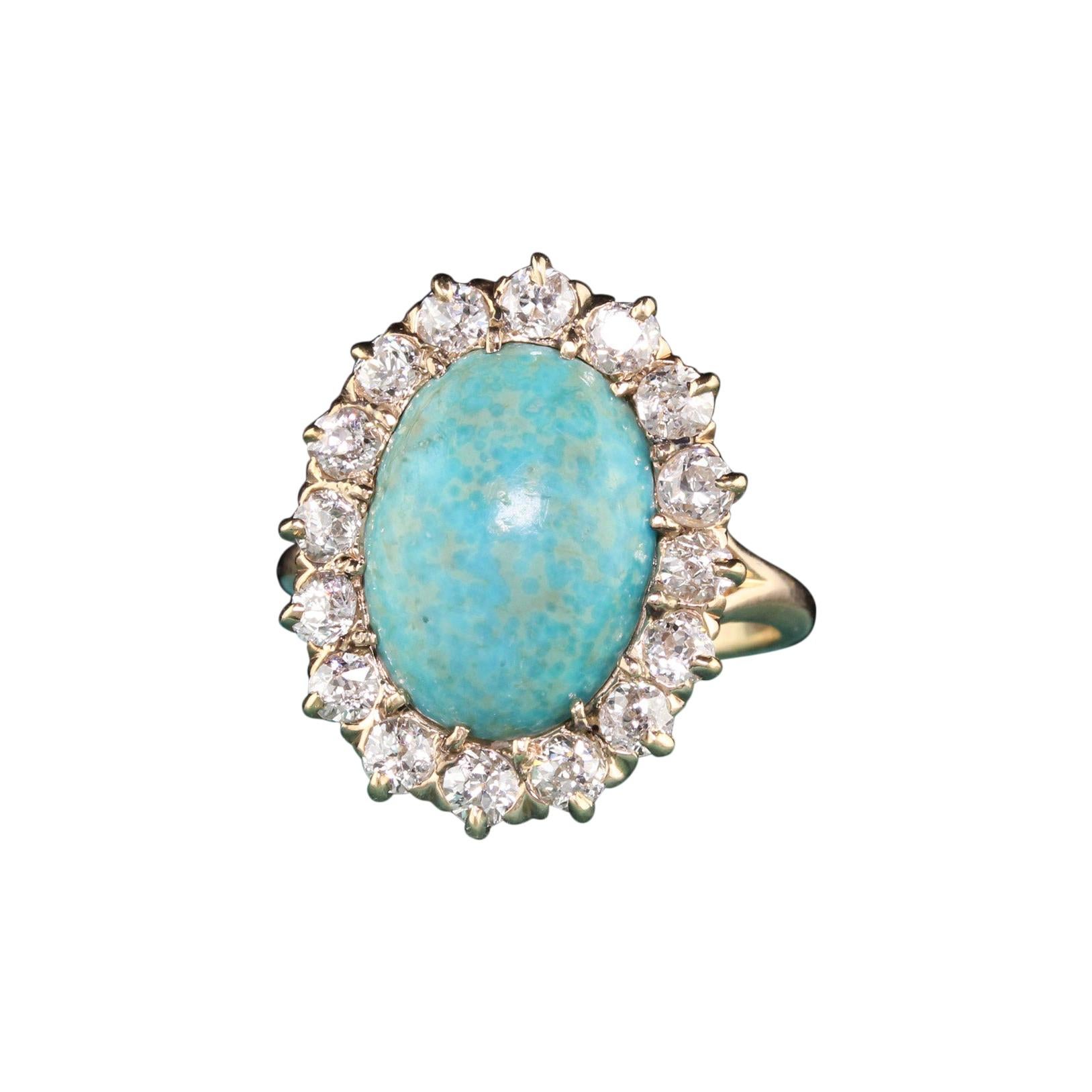 Antique Victorian 14 Karat Yellow Gold Old Miner Cut Diamonds and Turquoise Ring