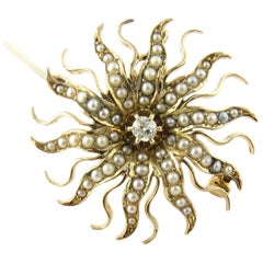 Antique Victorian 14 Karat Yellow Gold Pearl and Diamond Brooch or Pendant