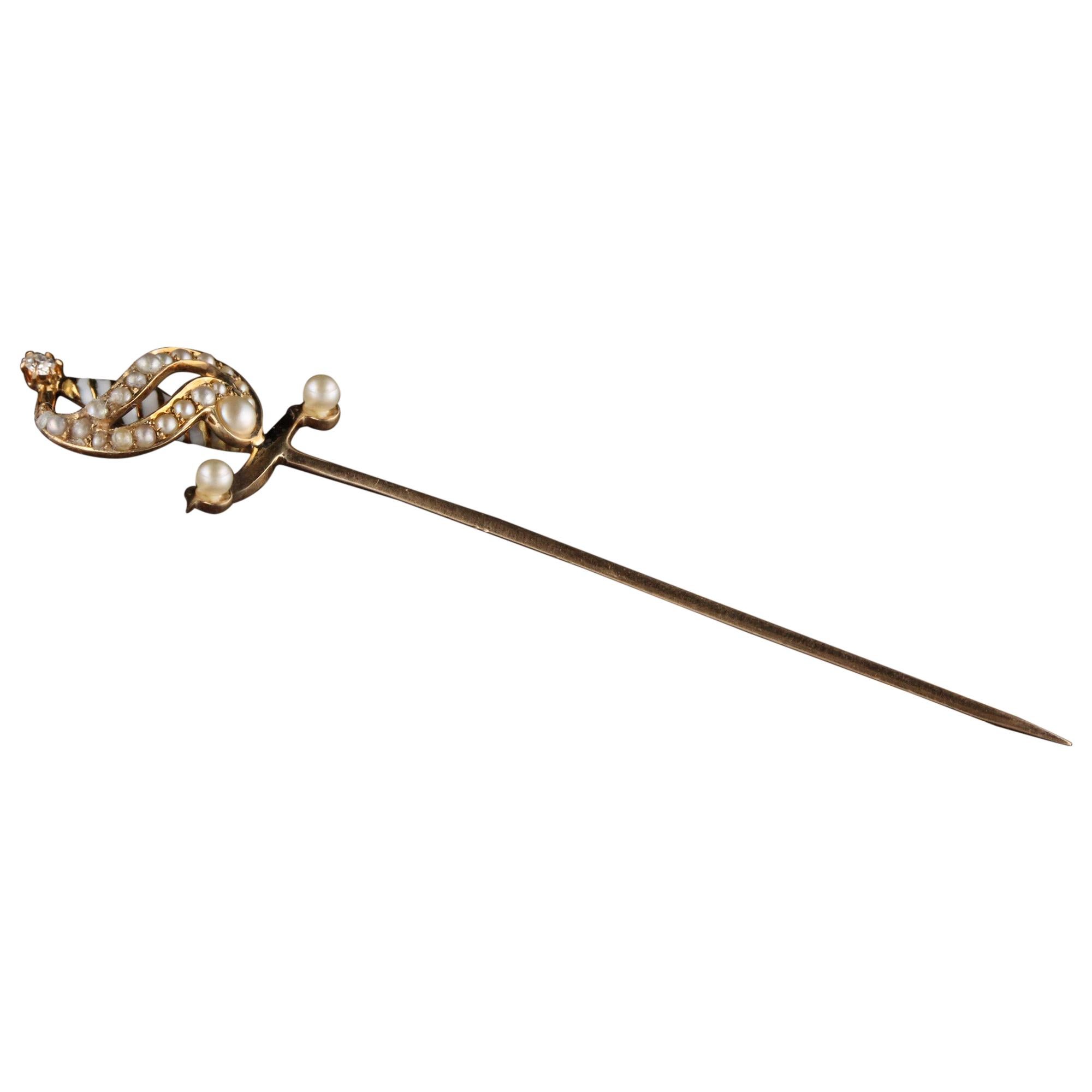Antique Victorian 14 Karat Yellow Gold Pearl and Diamond Sword Pin For Sale