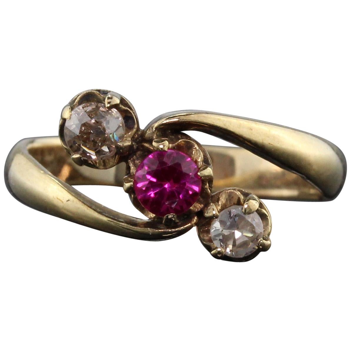 Antique Victorian 14 Karat Yellow Gold Synthetic Ruby and Diamond 3-Stone Ring For Sale