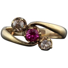 Antique Victorian 14 Karat Yellow Gold Synthetic Ruby and Diamond 3-Stone Ring