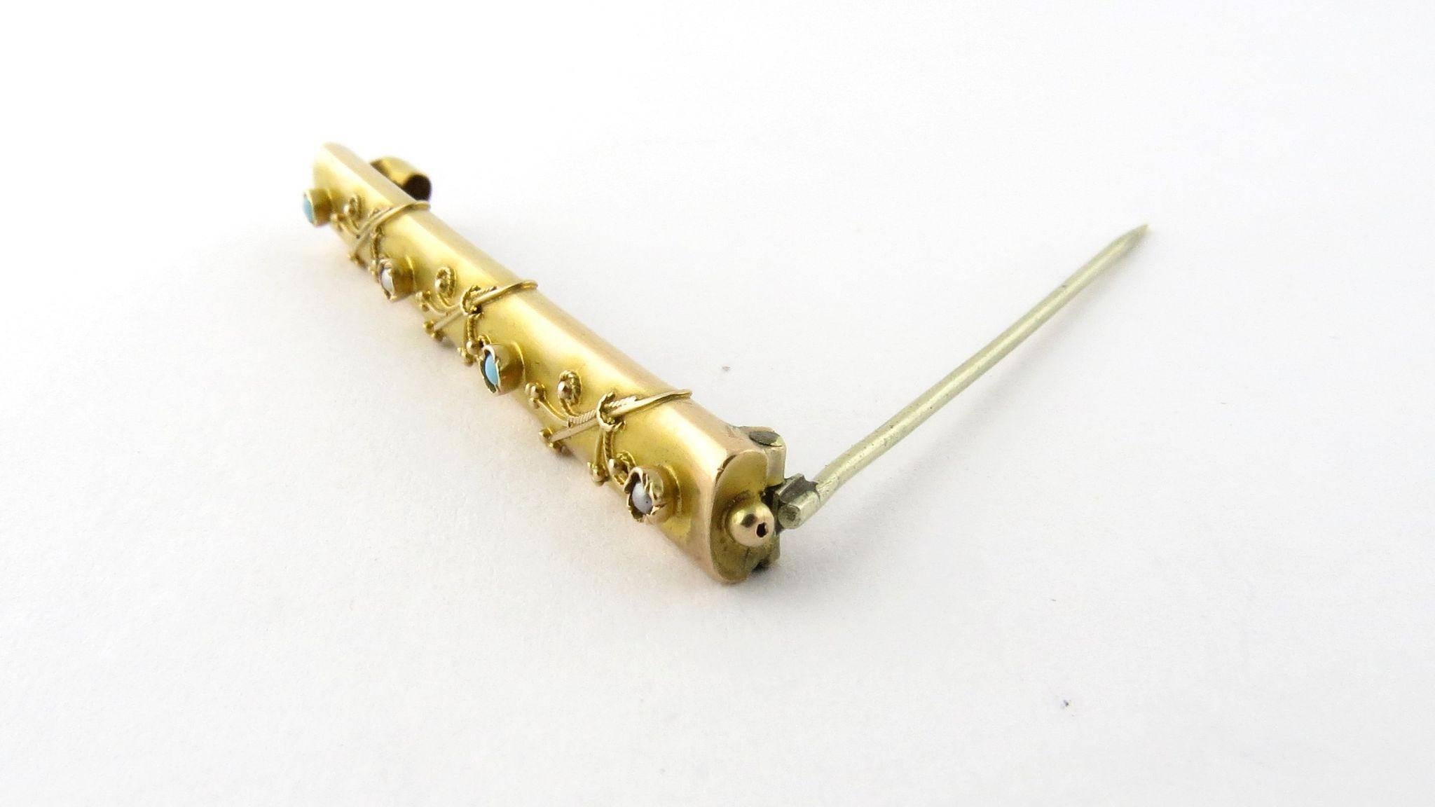 Antique Victorian 14K Yellow Gold Turquoise and Seed Pearl Bar Pin Brooch 

2 1/8