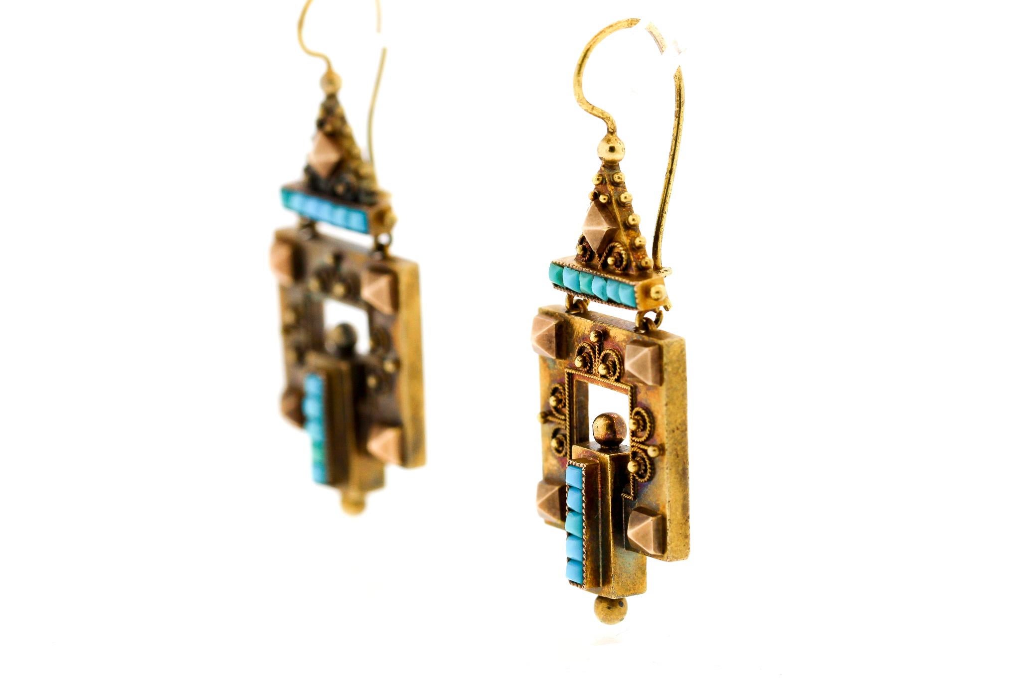 Antique Victorian 14 Karat Yellow Gold Turquoise Pendant Earrings In Good Condition In New York, NY
