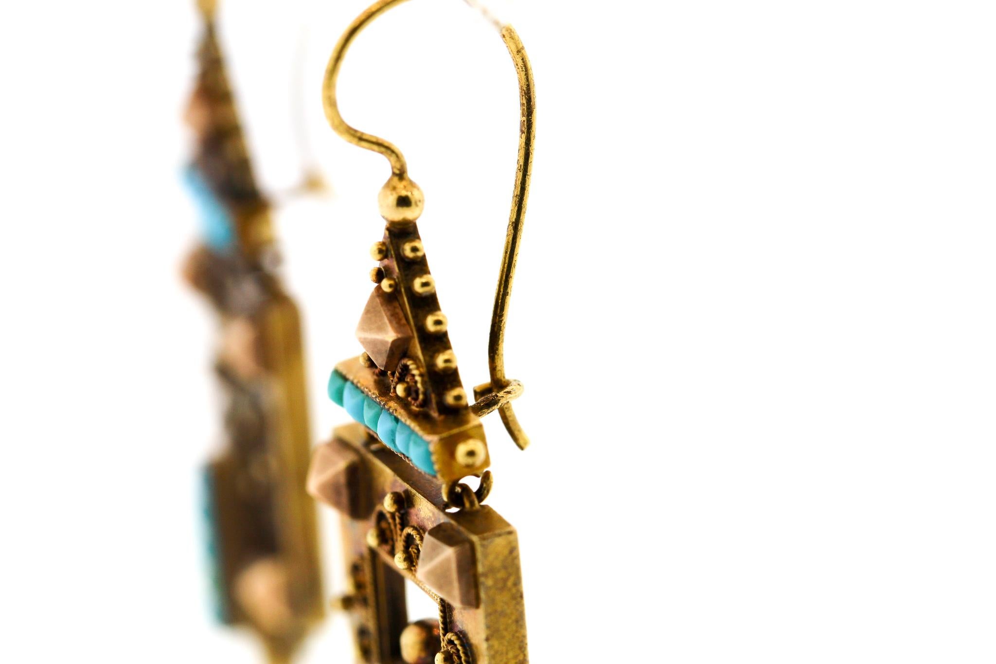 Women's Antique Victorian 14 Karat Yellow Gold Turquoise Pendant Earrings