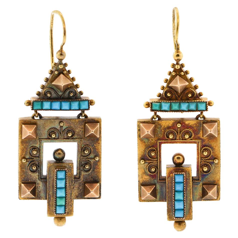 Antique Victorian 14 Karat Yellow Gold Turquoise Pendant Earrings