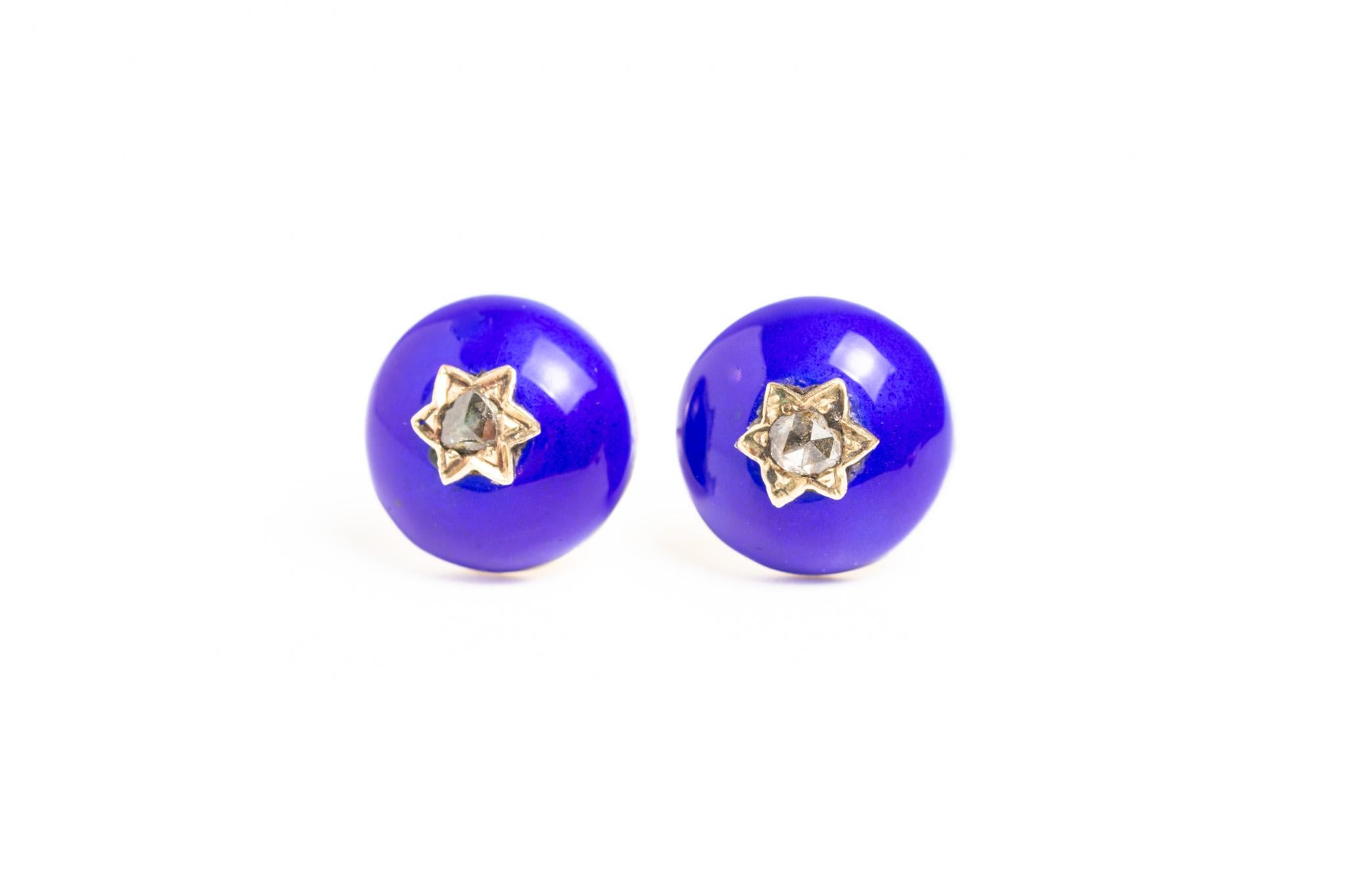Beautiful antique pair of Victorian 9ct gold earrings with lapis lazuli colour enamel decorated with a star design and inset with old cut diamond. Star motifs were very popular in Victorian era. Stars could be found carved into various gemstones as