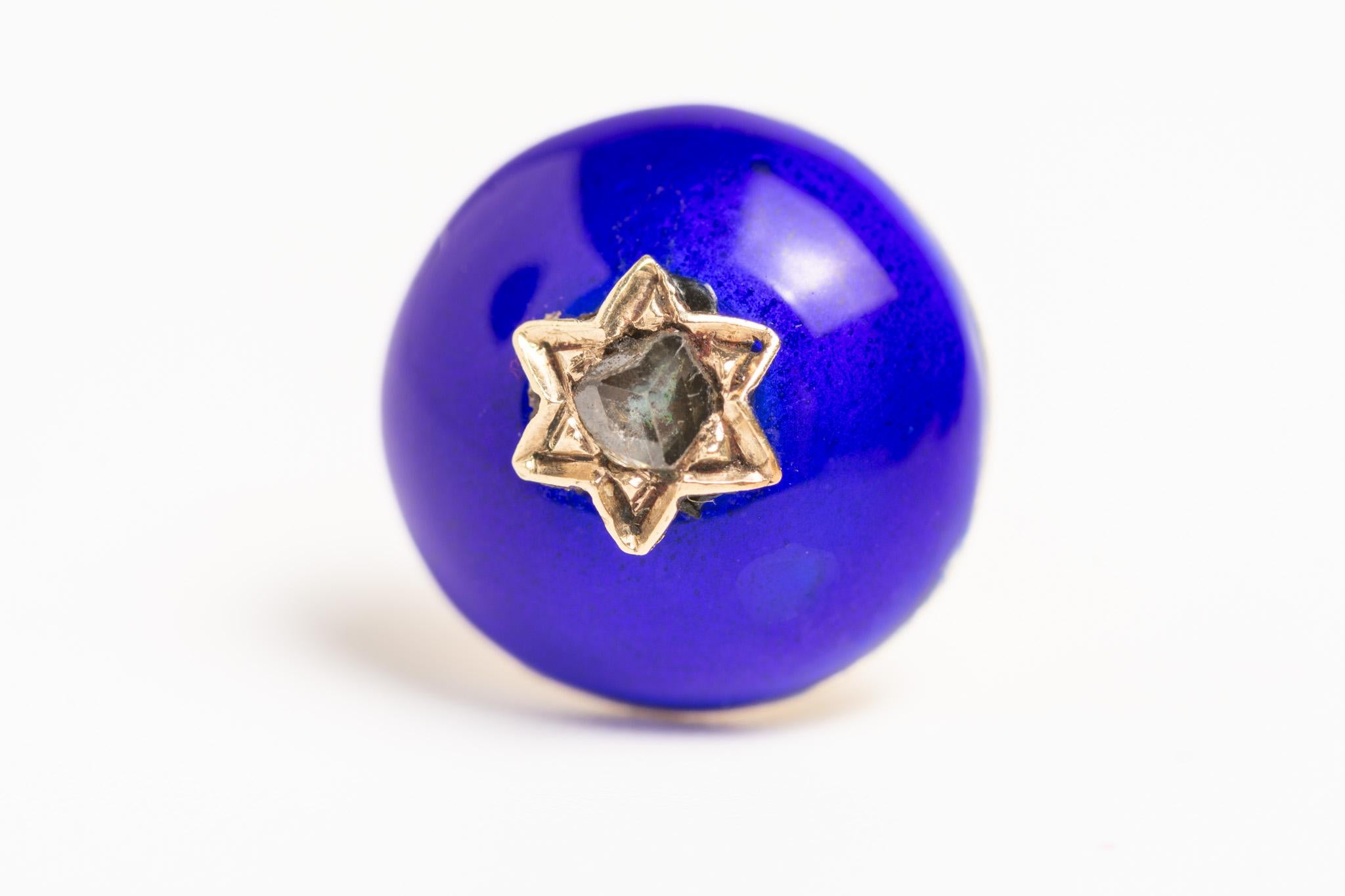 Antique Cushion Cut Antique Victorian 14ct Gold Blue Enamel And Diamond Stud Earrings For Sale