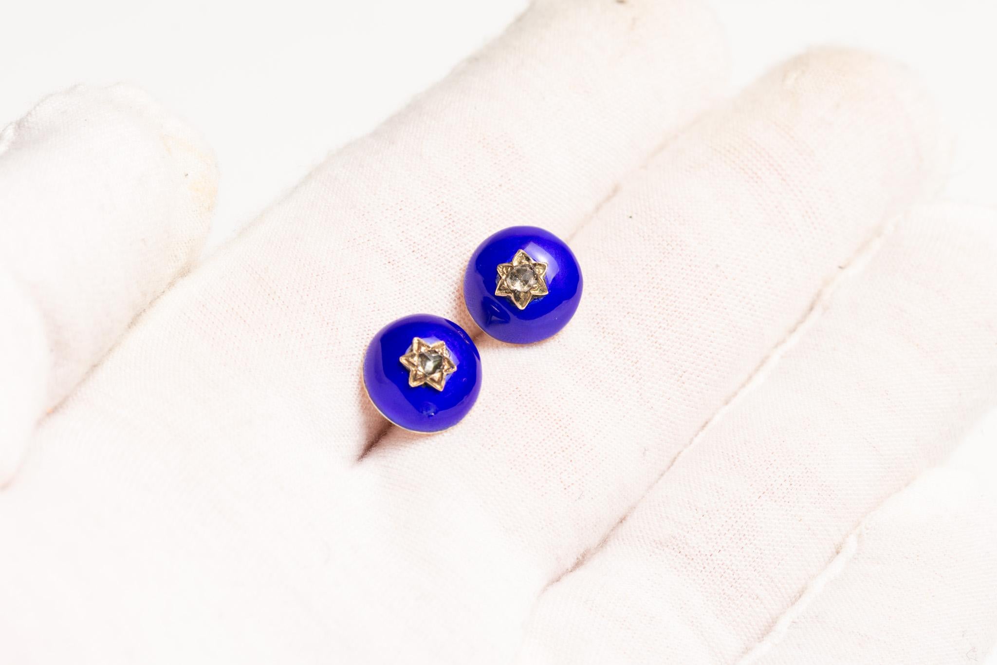 Antique Victorian 14ct Gold Blue Enamel And Diamond Stud Earrings For Sale 1