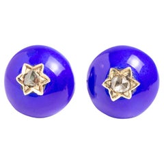Antique Victorian 14ct Gold Blue Enamel And Diamond Stud Earrings