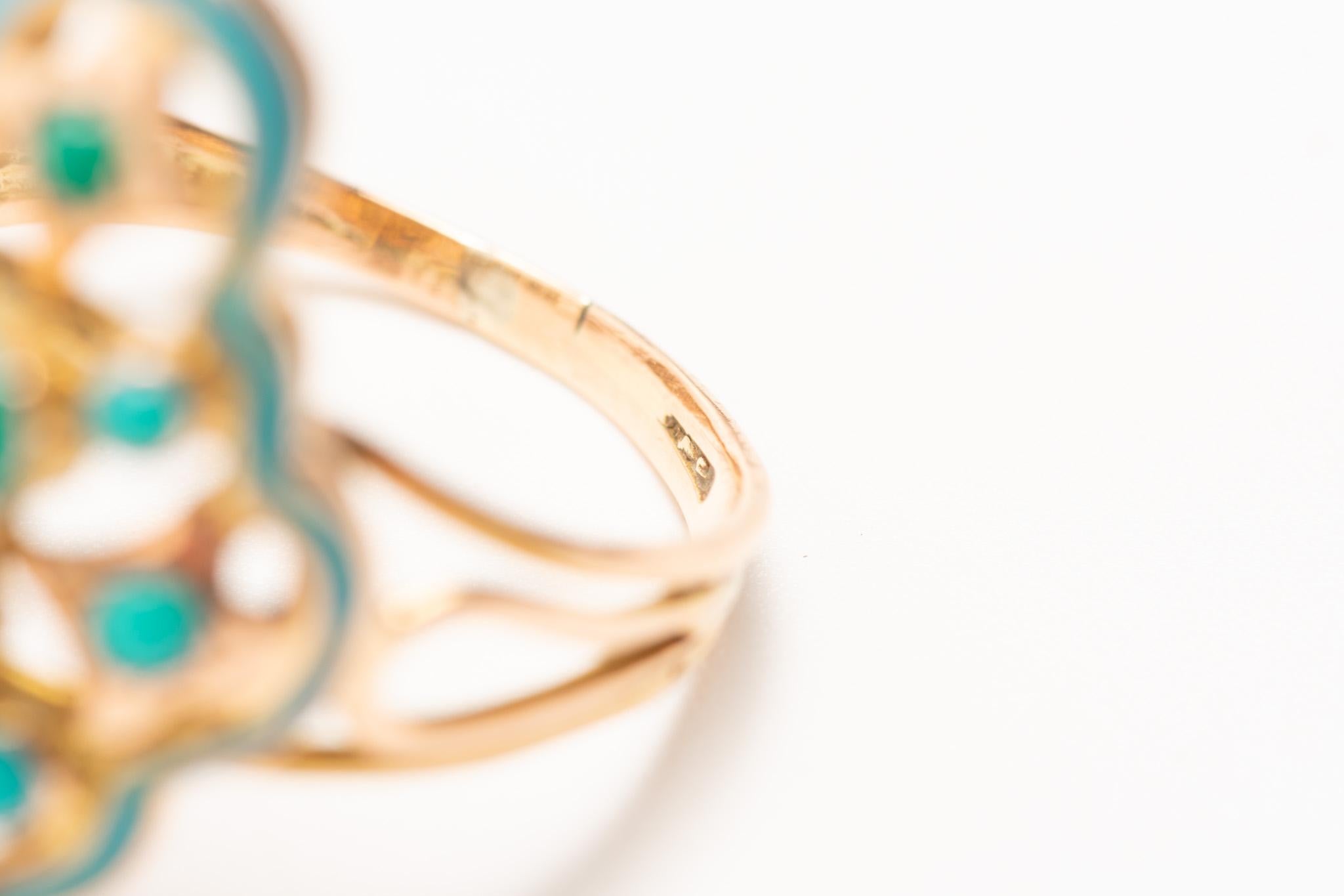 Antique Victorian 14ct Gold Blue Enamel and Turquoise Navette Ring For Sale 5