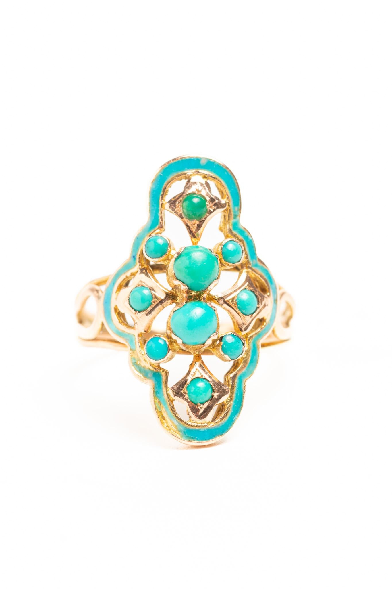 Antique Victorian 14ct Gold Blue Enamel and Turquoise Navette Ring For Sale 6