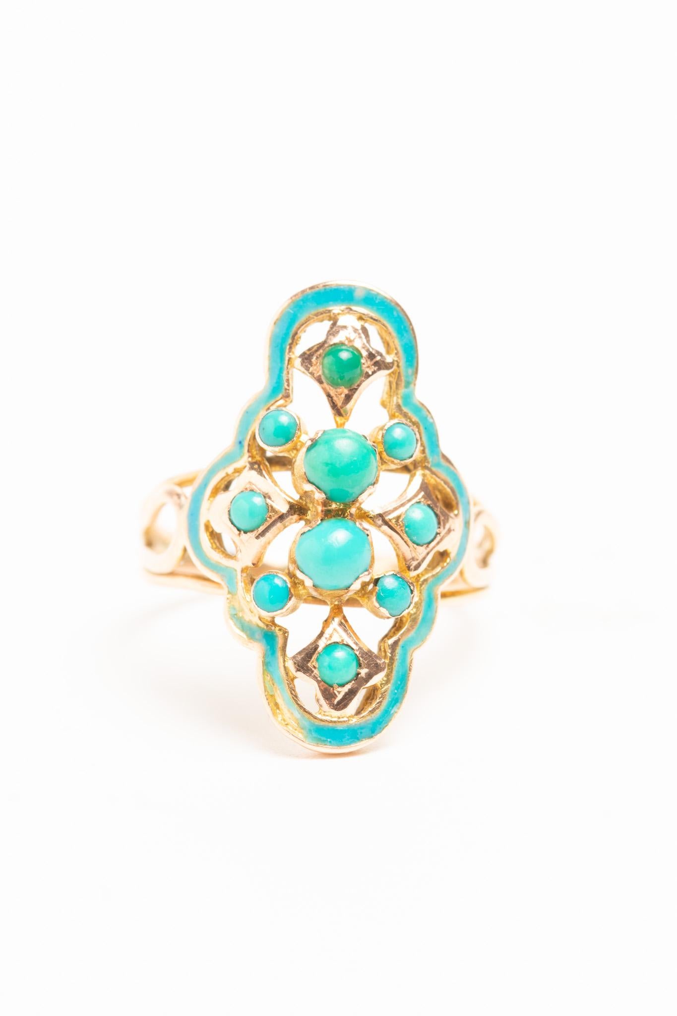 Antique Victorian 14ct Gold Blue Enamel and Turquoise Navette Ring For Sale 7