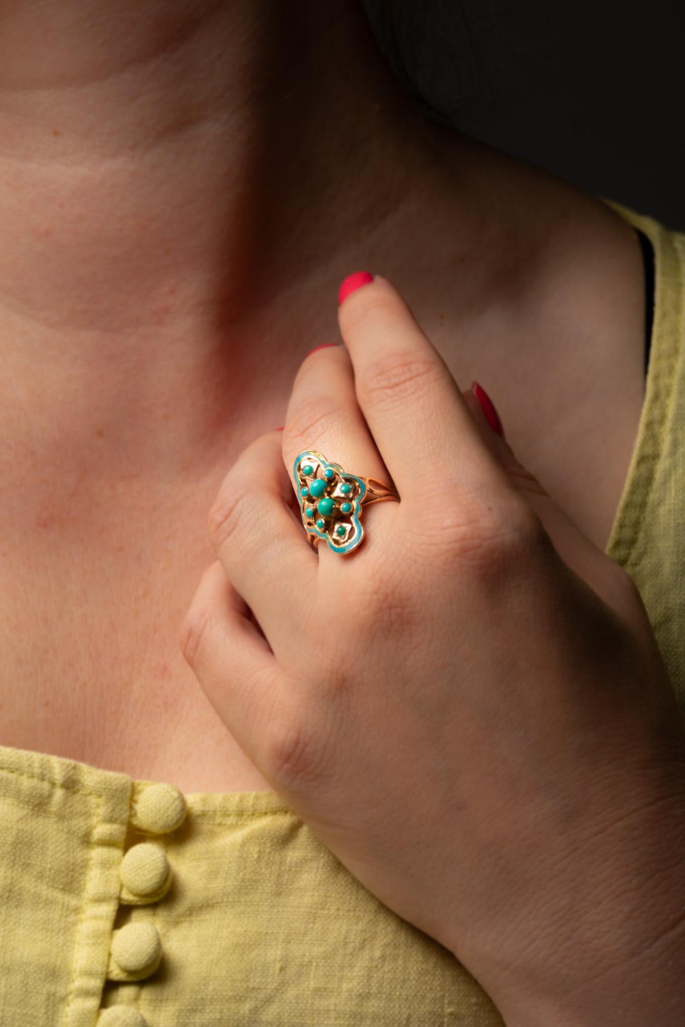 Antique Victorian 14ct Gold Blue Enamel and Turquoise Navette Ring For Sale 8
