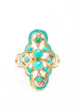 Antique Victorian 14ct Gold Blue Enamel and Turquoise Navette Ring