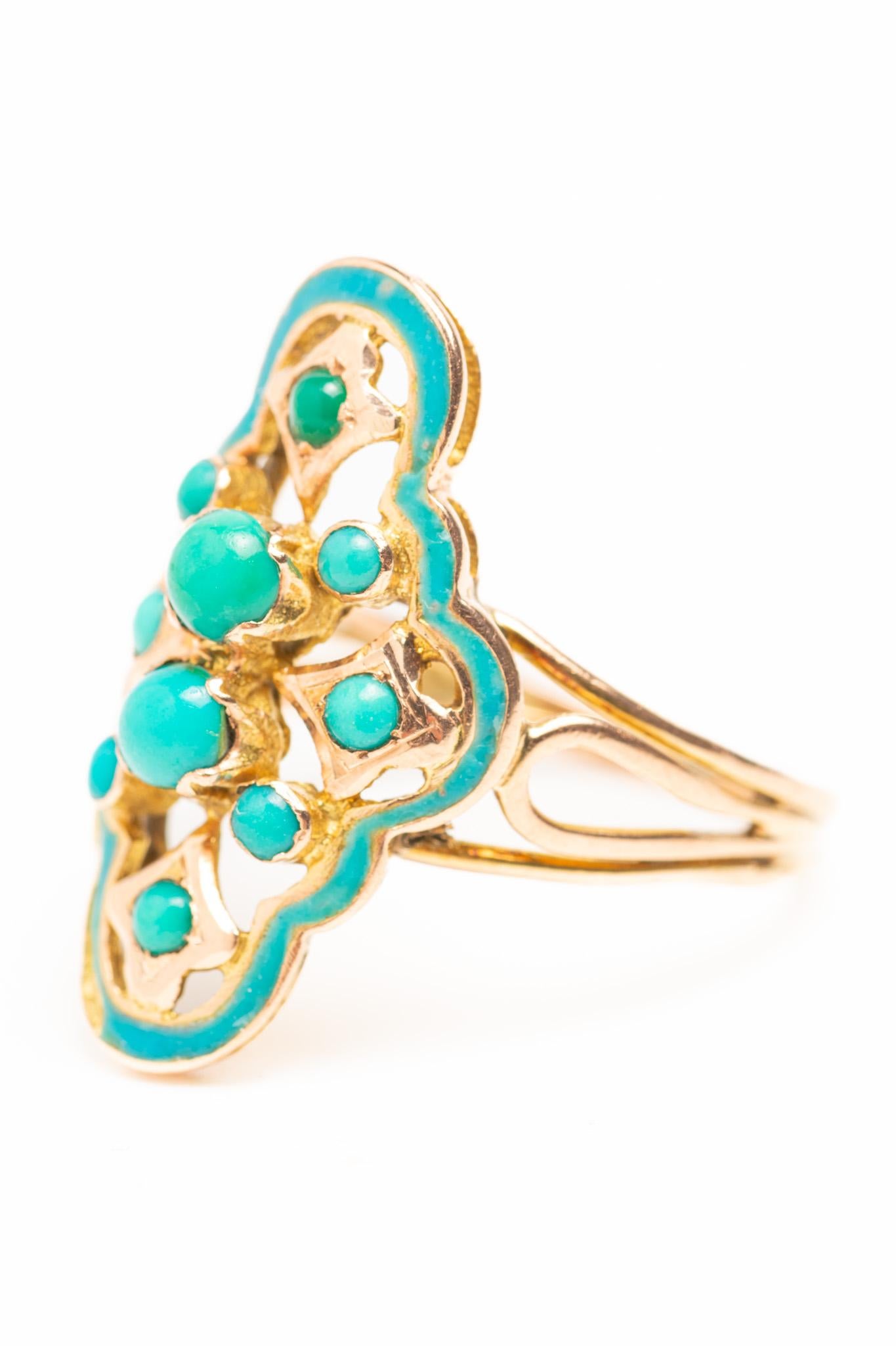 Antique Cushion Cut Antique Victorian 14ct Gold Blue Enamel and Turquoise Navette Ring For Sale