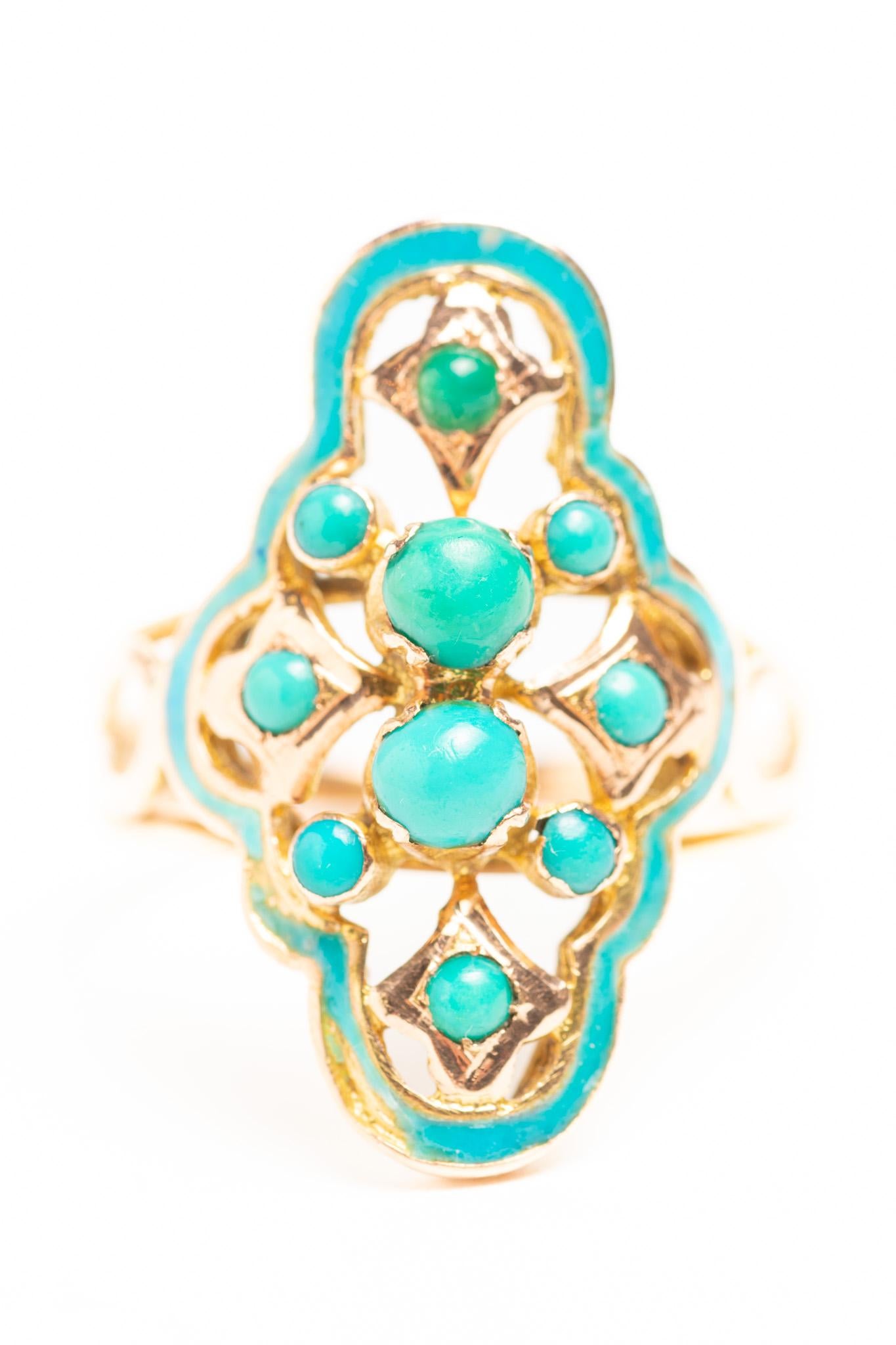 Antique Victorian 14ct Gold Blue Enamel and Turquoise Navette Ring In Good Condition For Sale In Portland, England