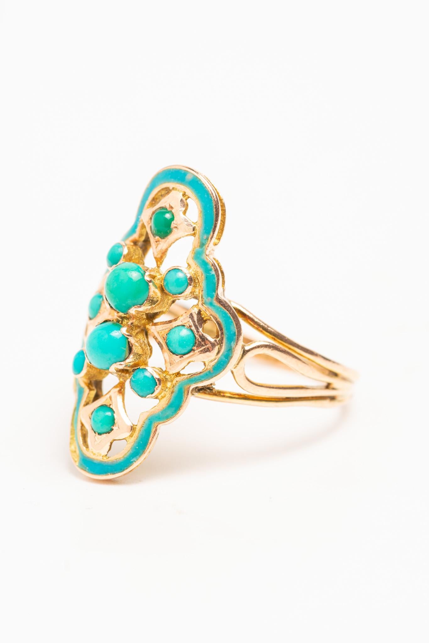 Women's Antique Victorian 14ct Gold Blue Enamel and Turquoise Navette Ring For Sale