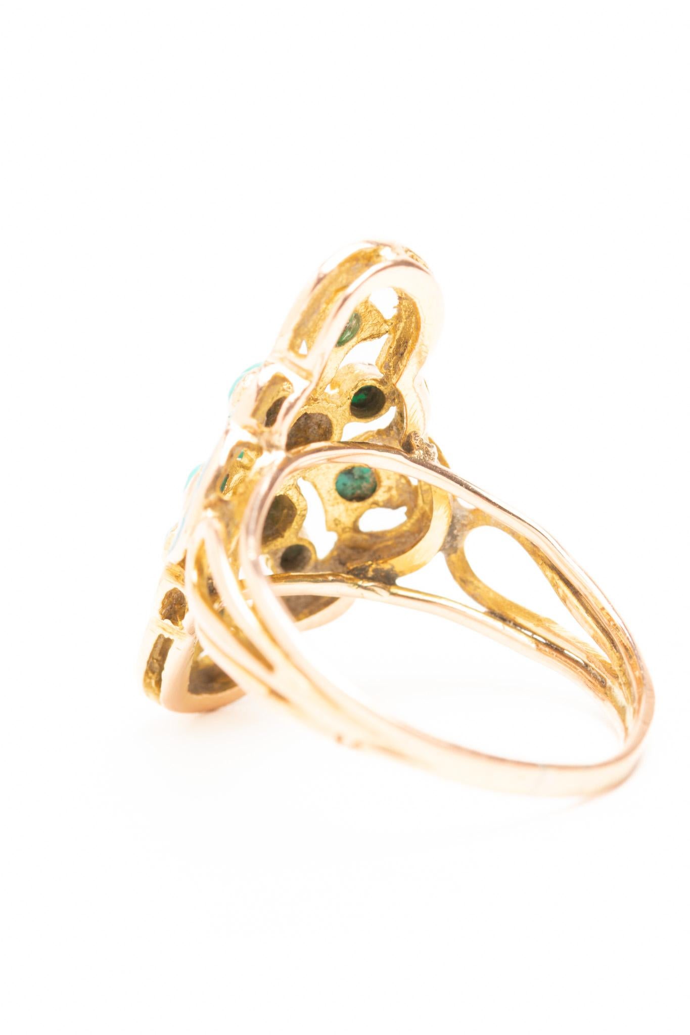 Antique Victorian 14ct Gold Blue Enamel and Turquoise Navette Ring For Sale 2