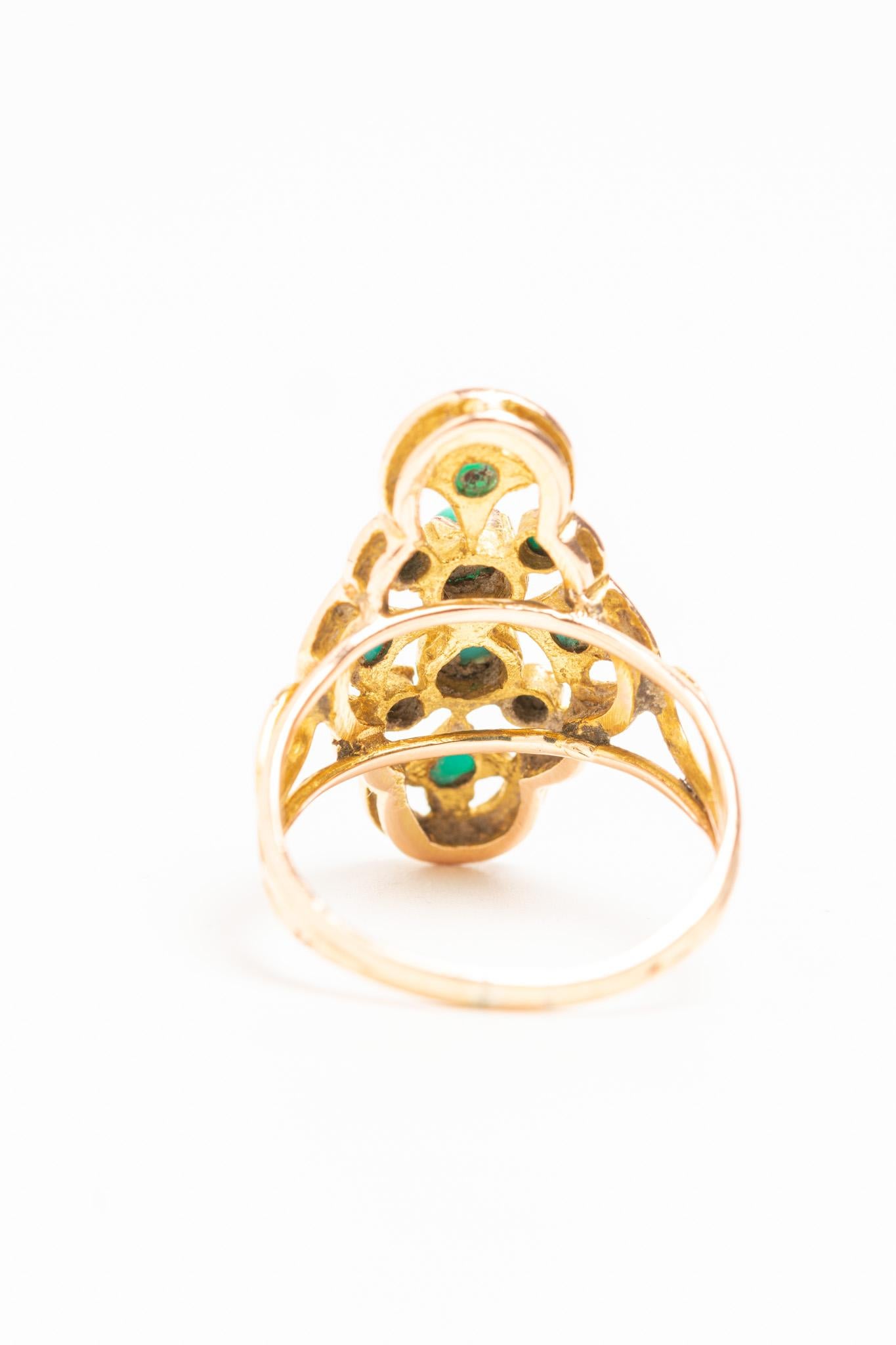 Antique Victorian 14ct Gold Blue Enamel and Turquoise Navette Ring For Sale 3