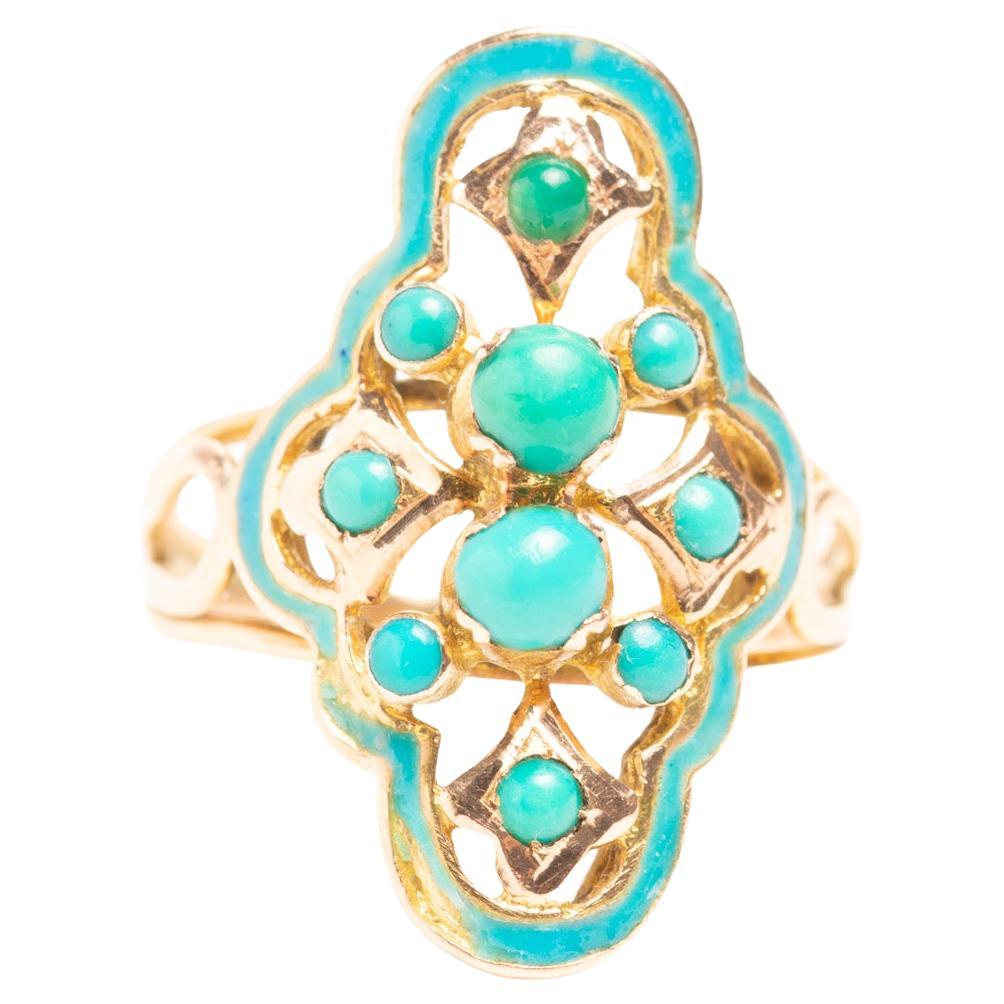 Antique Victorian 14ct Gold Blue Enamel and Turquoise Navette Ring For Sale