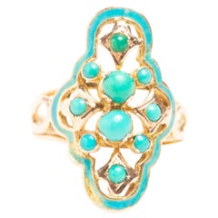 Antiguo anillo victoriano de oro de 14 ct con esmalte azul y navette de turquesa