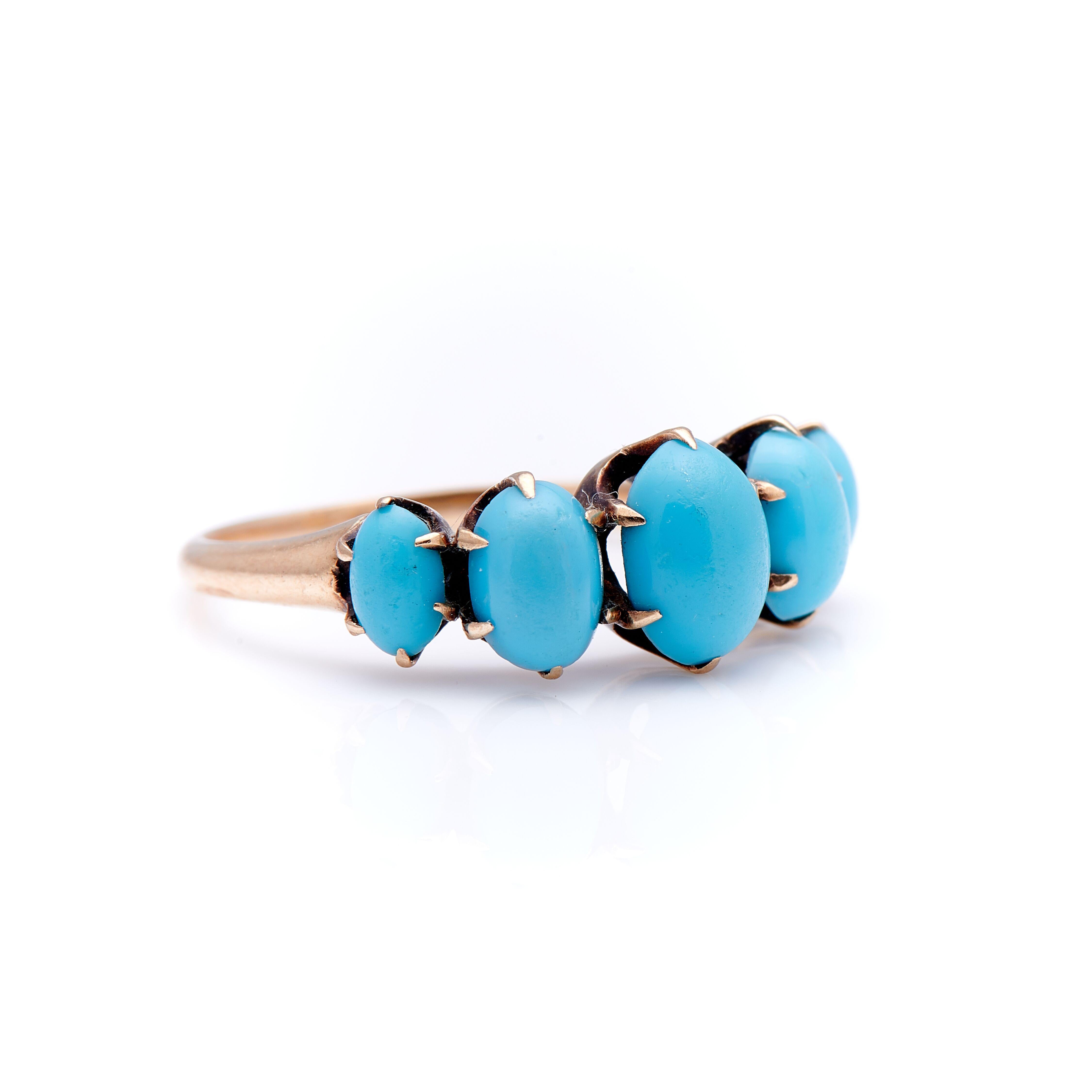 Victorian, turquoise five stone ring, circa 1890. Set with five beautiful robin-egg hue cabochon turquoise stones in a simple but beautifully executed yellow gold setting. Each piece of natural turquoise is well matched and secured by curving carved
