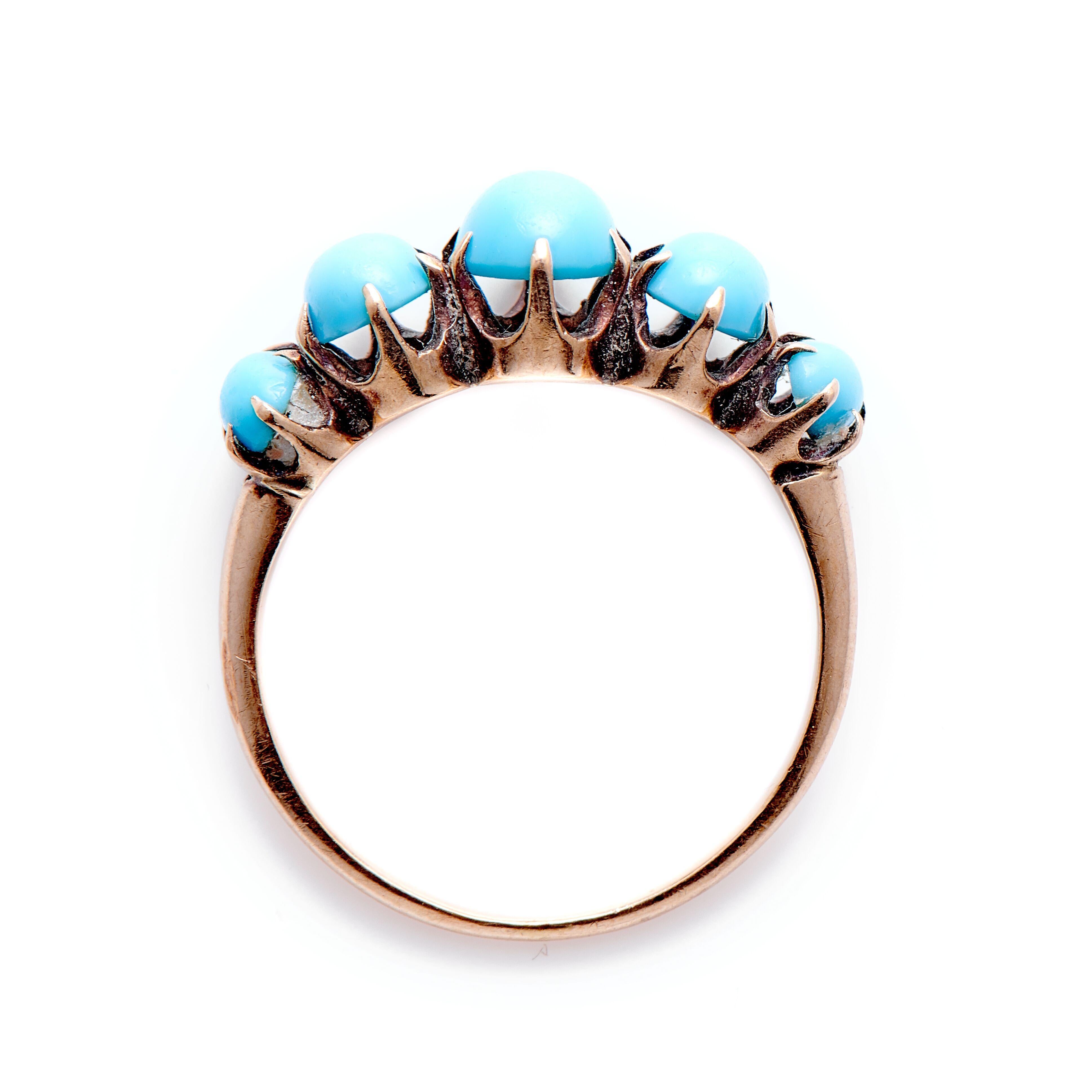Cabochon Antique, Victorian, 14 Carat Gold, Natural Turquoise Five-Stone Half Hoop Ring