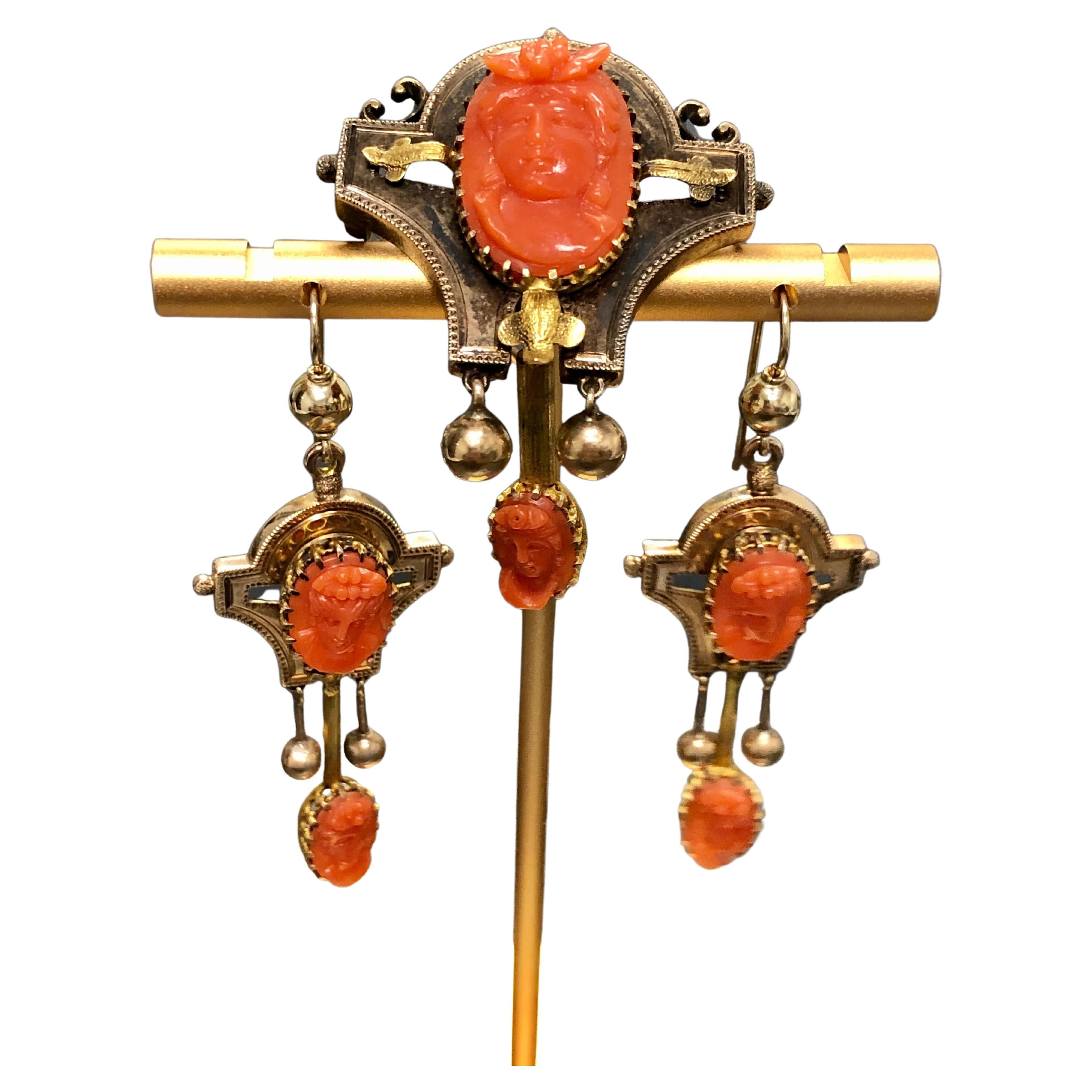 Antique Victorian 14k 18k Coral Cameo Earrings Brooch Pin Set