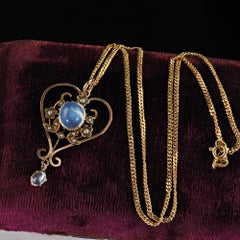 Antique Victorian 14K/9K Yellow Gold Moon Stone Cabochon Pearl Pendant Necklace