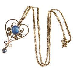 Antique Victorian 14K/9K Yellow Gold Moon Stone Cabochon Pearl Pendant Necklace