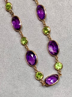 Antique Victorian 14K Bezel Set Oval Amethyst Peridot Gemstone Necklace 72ct 20”