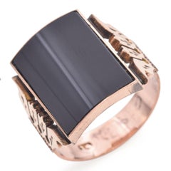 Antique Victorian 14K Engraved Yellow Gold Onyx Signet Ring